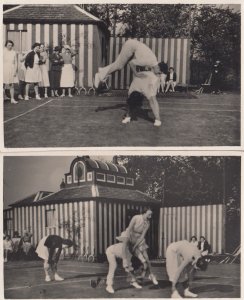 Leapfrog Piggy Back Circus 2x Antique Garden Fete Sports Day Real Photo Postcard