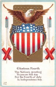E17/ Patriotic Postcard Fourth of July 4th c1910 Eagle Fireworks Shield 45