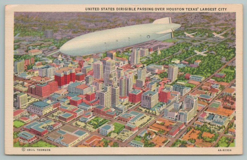 Houston Texas~US Dirigible-Blimp Over City~Navy Planes~1934 Linen 