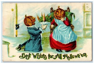 1911 Halloween Jol Pumpkin Head Black Cat Embossed Posted Antique Postcard 