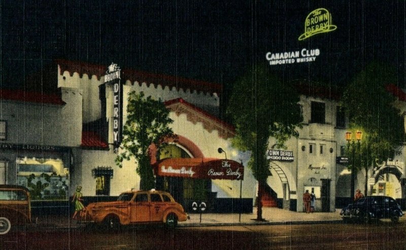 c.1930 Brown Derby Vine Street Signs Cars Hollywood, CA. Postcard F65