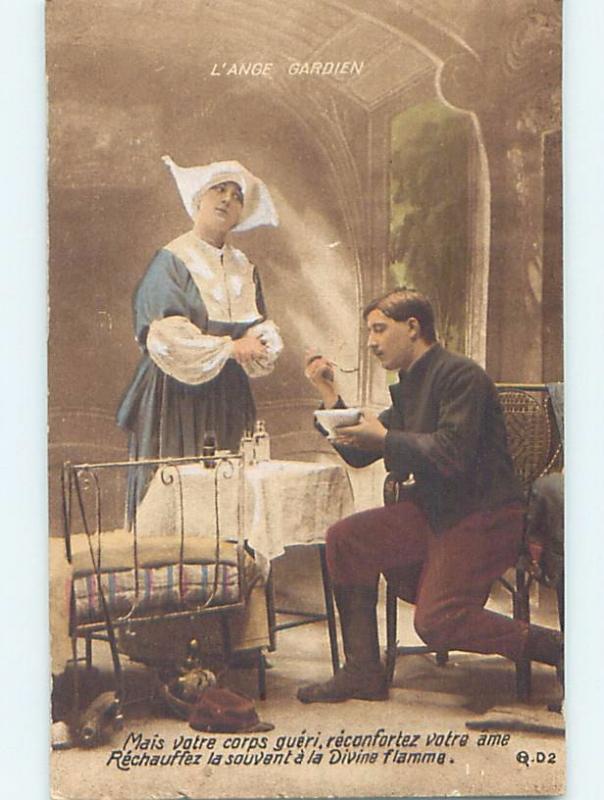 c1915 military foreign FRENCH ARMY SOLDIER EAT SOUP BY WOMAN IN FRANCE HL9749