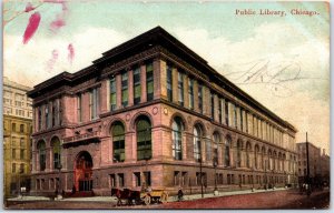 VINTAGE POSTCARD HORSE-DRAWN CARTS OUTSIDE THE PUBLIC LIBRARY CHICAGO ILL 1908