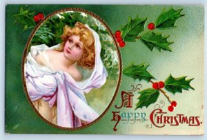 Christmas Postcard Pretty Girl And Holly Berries Embossed c1910's Antique