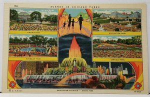 Scenes in Chicago Parks Bright & Colorful Linen Postcard H5