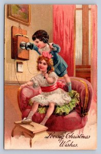 J92/ Merry Christmas Holiday Postcard c1910 Kids Telephone 229