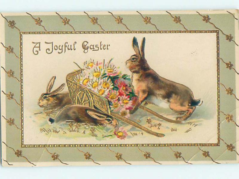 Pre-Linen easter tuck BUNNY RABBITS WITH WHEELBARROW FULL OF FLOWERS hr1755