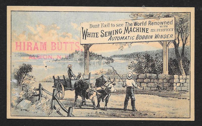 VICTORIAN TRADE CARD White Sewing Co Family Ox Cart Shore 'Automatic Bobbin'