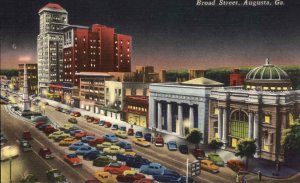 Augusta Georgia GA Broad Street Scene Vibrant Linen Vintage Postcard