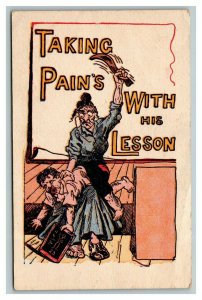 Vintage 1908 Comic Postcard Teacher Spanks Her Student with a Strap