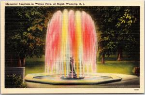 Memorial Fountain Wilcox Park at Night, Westerly RI c1950 Vintage Postcard H10