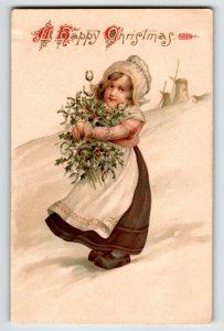 Christmas Postcard Dutch Girl Windmills Ernest Nister London 1908 Poinsettias