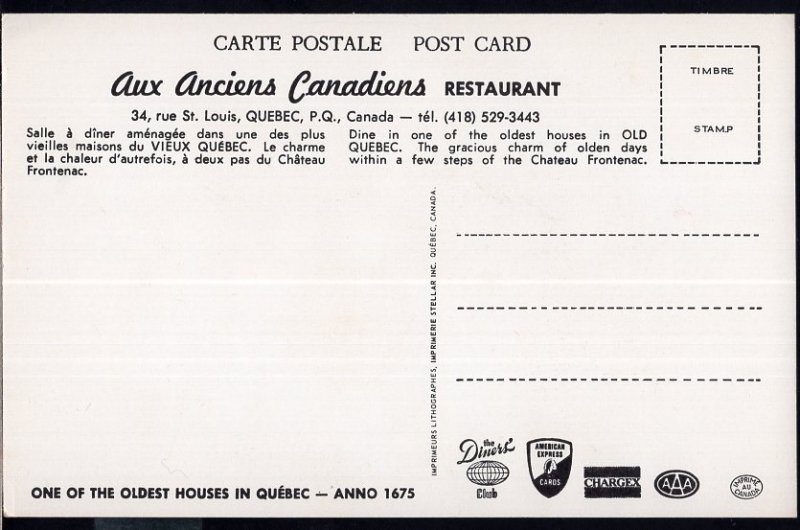 PQ Aux Anciens Canadiens Restaurant QUEBEC 34 Rue St Louis - Art Deco1950-1970s