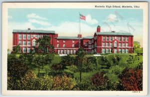 c1940s Marietta OH High School Building Linen Art Kelly News Store Teich PC A197
