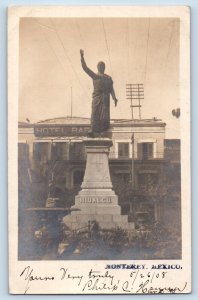 Monterey Mexico Postcard RPPC Photo Hidalgo Statue Hotel Bar 1908 Antique Posted