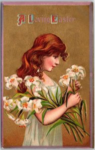 A Loving Easter Pretty Girl Side View Holding Flowers Orchid Postcard