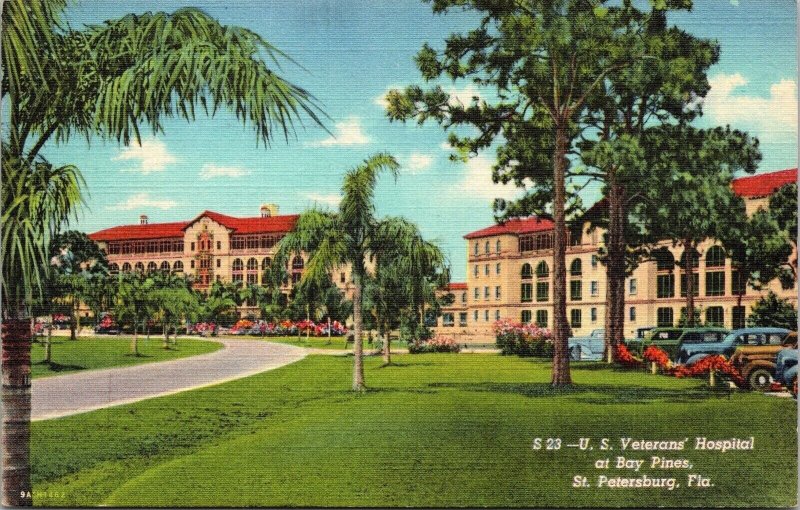 US Veterans Hospital Bay Pines St Petersburg Florida FL Linen Postcard Tropical 