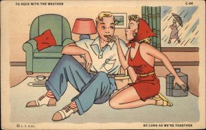 Curt Teich Everyday Comic Series Sexy Woman Handsome Man Picnic Indoors