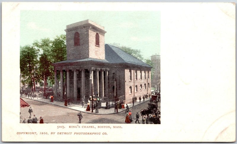 King's Chapel Boston Massachusetts MA People Horse Carriages Building Postcard