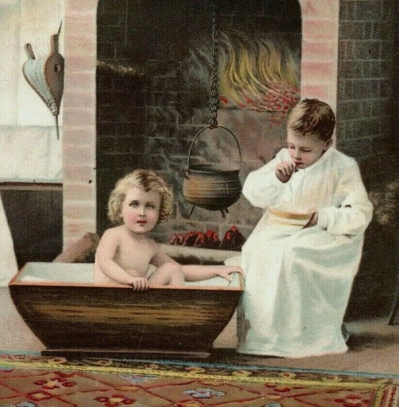 1880s-90s Mayo's Tobacco Eglantine & Ivy Cute Children Bath Time Fireplace #5G