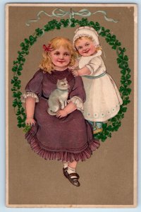 c1910's Children With Cat Kitten Embossed PFB Thompson Iowa IA Antique Postcard