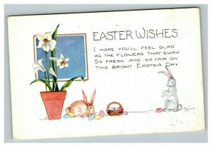 Vintage 1924 Whitney Easter Postcard Cute Bunnies Colored Eggs White Flower