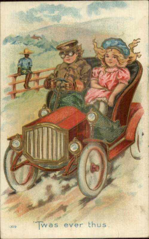 White Kids Drive Fancy Car - Black Man on Fence in Background Postcard c1910