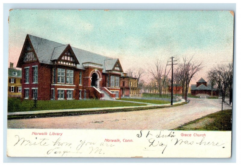 1906 Norwalk Library Grace Church, Norwalk Connecticut CT Postcard 