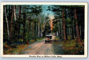 1928 Miller Falls Massachusetts MA Vintage Postcard Woodsy Way Classic Car Road