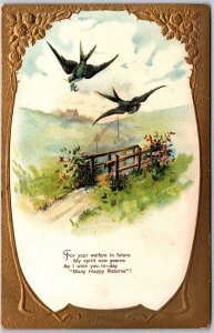 For Your Welfare In Future As I Wish Many Happy Returns Birds & Flowers Postcard