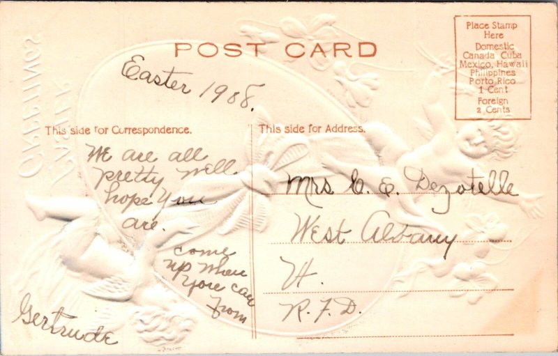 Easter Greetings, Embossed Cupids on an Egg c1908 Vintage Postcard Y35