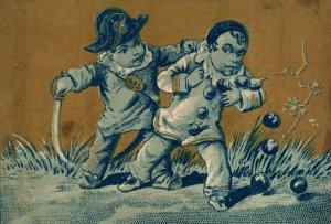 Cute Kids Stealing Apples Caught Sword Navy Victorian Trade Card Clown P49