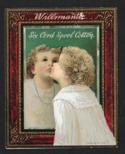 VICTORIAN TRADE CARD Willimantic Thread Girl Kissing Mirror