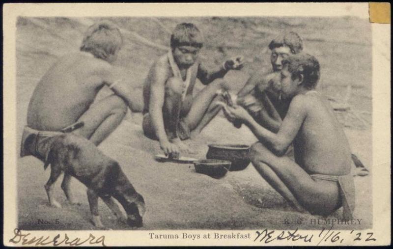 british guiana guyana, Native Taruma Indian Boys at Breakfast (1922)