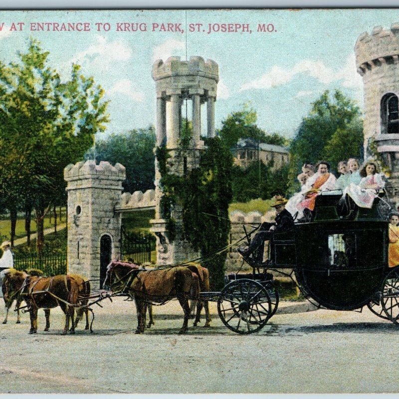 c1900s St. Joseph, MO Entrance Krug Park Stagecoach Horse Carriage Car Rook A200