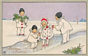 YOUNG GIRLS ON FROZEN ICE~CHRISTMAS GREETINGS-STECHER EMBOSSED ARTIST POSTCARD