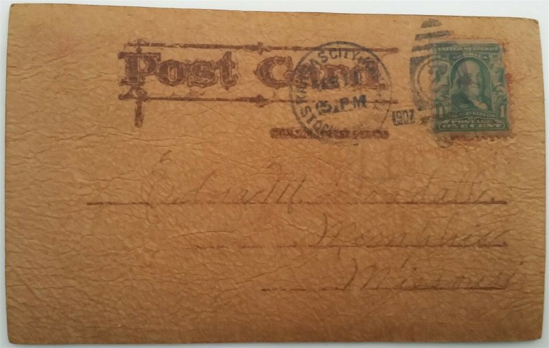 Leather Postcard MO Kansas City Cupid I will Try & Reach You with This 1907 L15