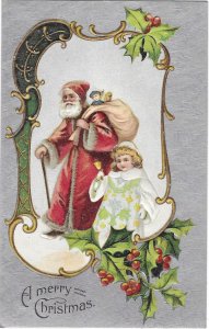 A Merry Christmas Santa Claus & Adorable Little Girl Silver Background