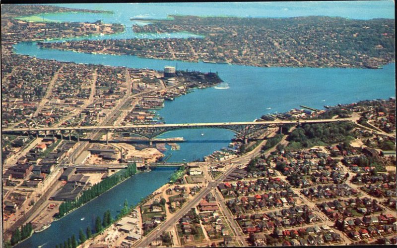 Washington SEATTLE Aerial View Aurora Ave Bridge U.S. 99 Lake Union 1950-1970s