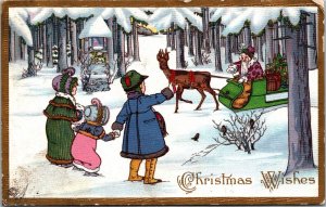 Postcard Christmas Wishes Purple Coat Santa Sleigh Reindeer Children c1915 JM4