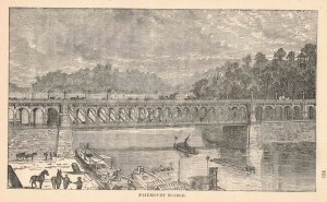 1876 Tug Boats at Fairmount Bridge Philadelphia Victorian Engraving 2T1-57b