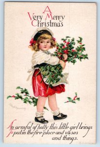c1910's Christmas Child With Holly Berries Ellen Clapsaddle Signed Postcard