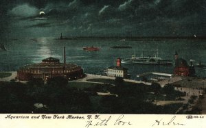 New York City NY, 1908 Aquarium & New York Harbor at Night Vintage Postcard