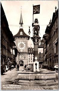 Zeitglockenturm und Zahringerbrunnen Bern Switzerland Real Photo RPPC Postcard