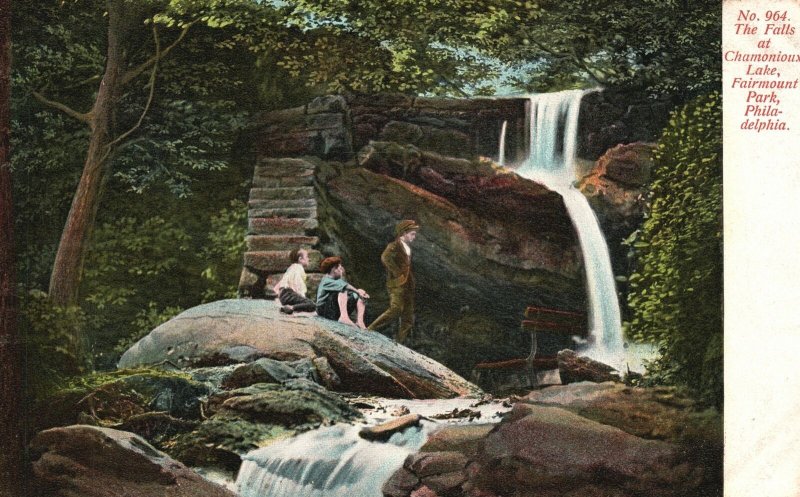 Vintage Postcard 1909 Water Falls at Chamonioux Lake Fairmount Park Phil. Penn.
