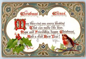 Christmas Postcard Text Message Song Birds Holly Berries Embossed Orleans VT
