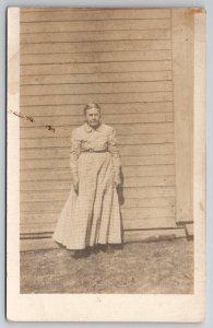 RPPC Old Woman Long Plaid Dress Moonlight Studio Kansas City MO Postcard D27
