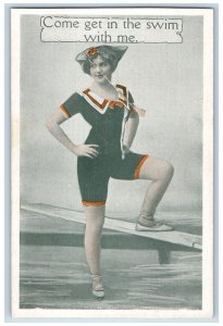 c1910's Girl At The Beach Come Get In The Swim With Me Unposted Antique Postcard 