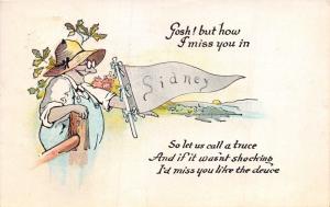 SIDNEY NEW YORK~GOSH! HOW I MISS YOU IN SIDNEY~PENNANT MESSAGE POSTCARD 1930s