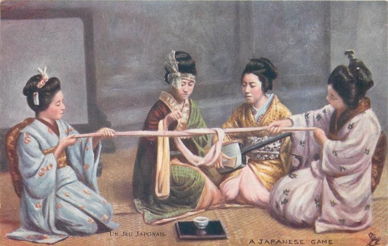 Geisha girls playing a japanese game Tuck vintage postcard